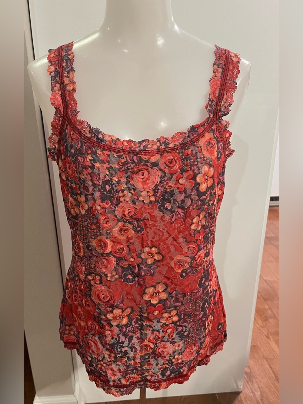 Hanky Panky Red Floral Lace Trim Sheer Camisole size L